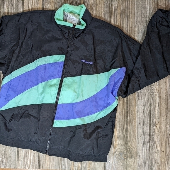 Vintage Adidas Windbreaker Size M Black Green Purple Block Embroidered Full Zip - Picture 1 of 6